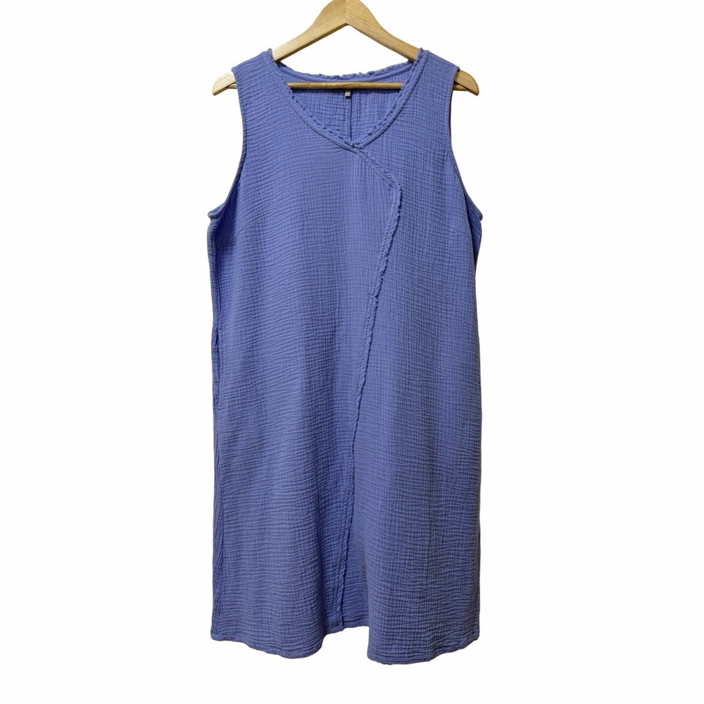 HABITAT Womens Gauze Cotton Sleeveless Shift Dress Size L Blue Pockets Sundress